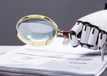 AI robot holding magnifying glass