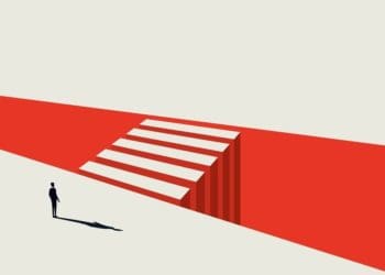man standing at bridge crossing, concept of business opportunity and decision