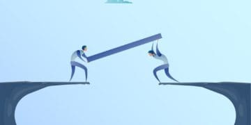 illustration of two businessmen building bridge over cliff