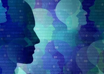 silhouettes of faces with binary overlay
