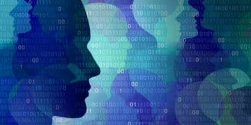 silhouettes of faces with binary overlay