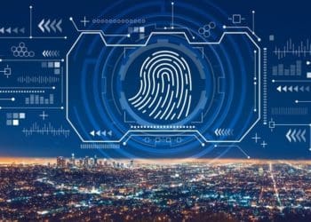 fingerprint over Los Angeles skyline at night