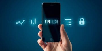 fintech app on smartphone against dark blue background