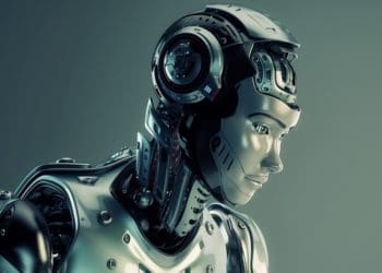 robot droid in profile on green-gray background