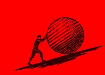 illustration of man rolling boulder up a hill