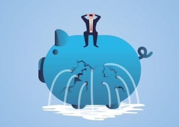 illustration of businessman sitting on leaky piggy bank