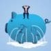 illustration of businessman sitting on leaky piggy bank