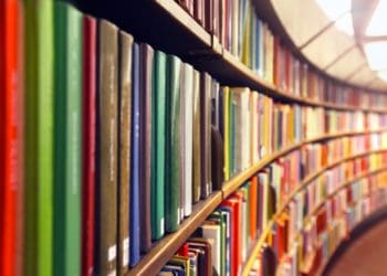 long view of library stacks