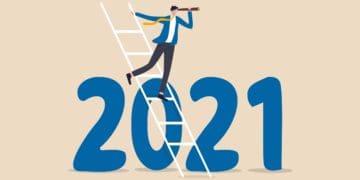 illustration of man on ladder with binoculars, 2021 outlook concept