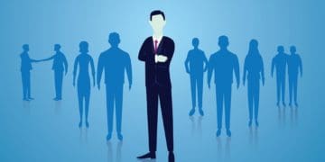 illustration of executive standing center stage with team in silhouette behind him