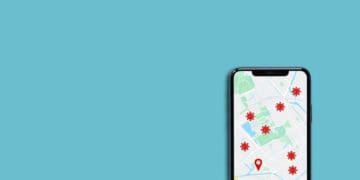 COVID-19 tracking app showing location and infected people on blue background