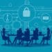 silhouette of businesspeople in meeting with blue cyber background