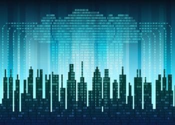 digital rain on abstract binary city