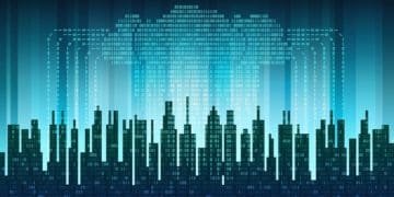 digital rain on abstract binary city