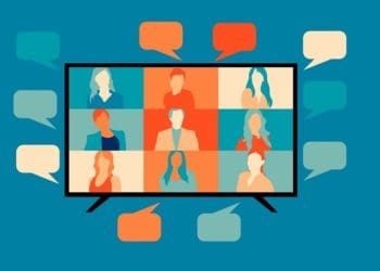 illustration of videoconference, screen and speech bubbles