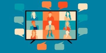 illustration of videoconference, screen and speech bubbles