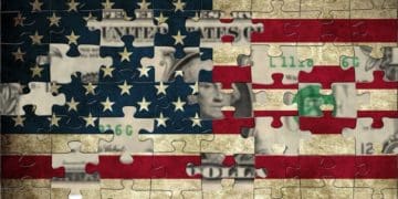 US flag puzzle with $1 bill showing behind missing pieces