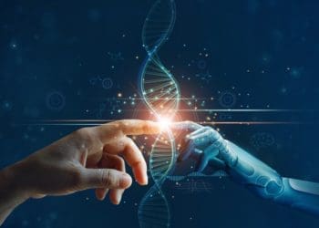 hands of robot and human touching artificial intelligence concept