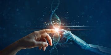 hands of robot and human touching artificial intelligence concept