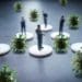 mini businessmen separated by COVID particles