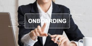 businesswoman presses virtual onboarding button