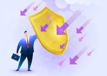 illustration of businessman holding giant shield to protect him from falling arrows