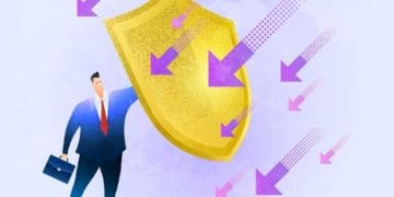 illustration of businessman holding giant shield to protect him from falling arrows