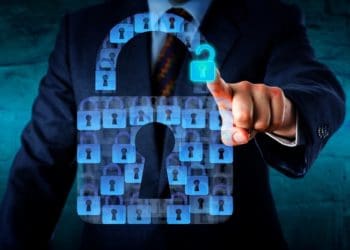 man opening single virtual lock part of many padlocks