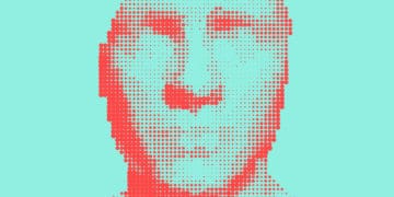 Illustration representing a facial recognition technology scan of a face.