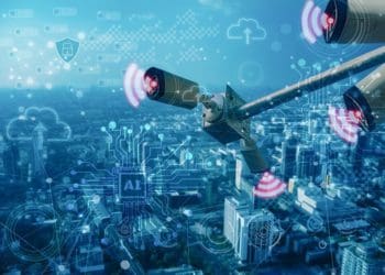 CCTV cameras superimposed over city skyline