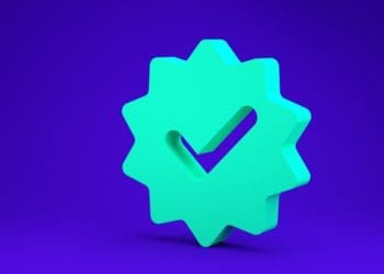 green approved medal with check mark icon isolated on blue background
