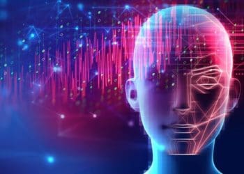 3d illustration of robotic human head with graphic element face represent artificial intelligence and machine learning concept