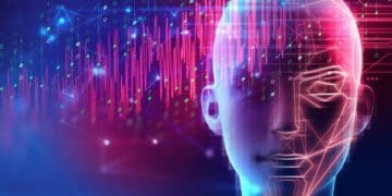 3d illustration of robotic human head with graphic element face represent artificial intelligence and machine learning concept