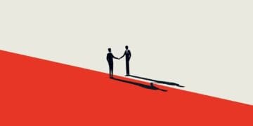 two figures shaking hands across line