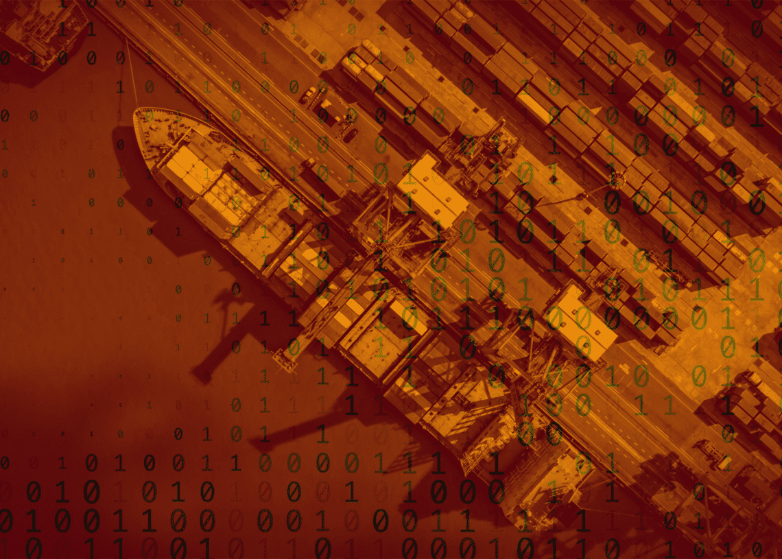 Overhead view of a shipping port is overlain with binary code, representing data supply chain.