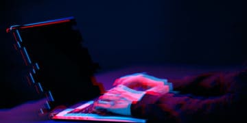 A pixilated image of a hacker at work, perhaps on extortionware.