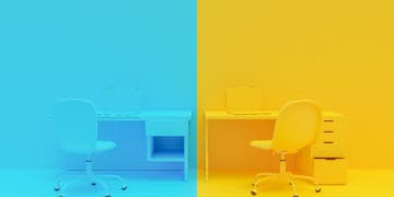 A room holds two office desks. One side is completely yellow, the other is blue.