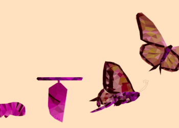 Illustration of a caterpillar transforming into a butterfly.