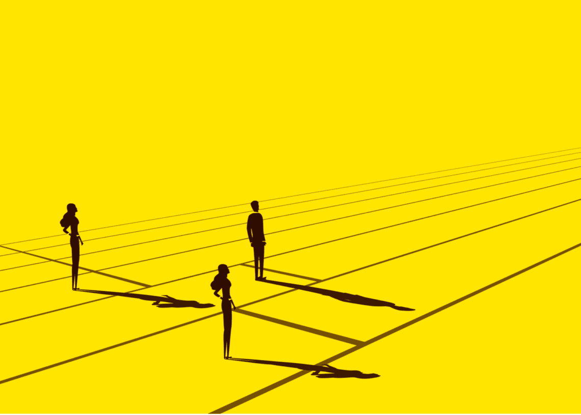 Illustration of a race track at which a professional man starts ahead of two professional women.