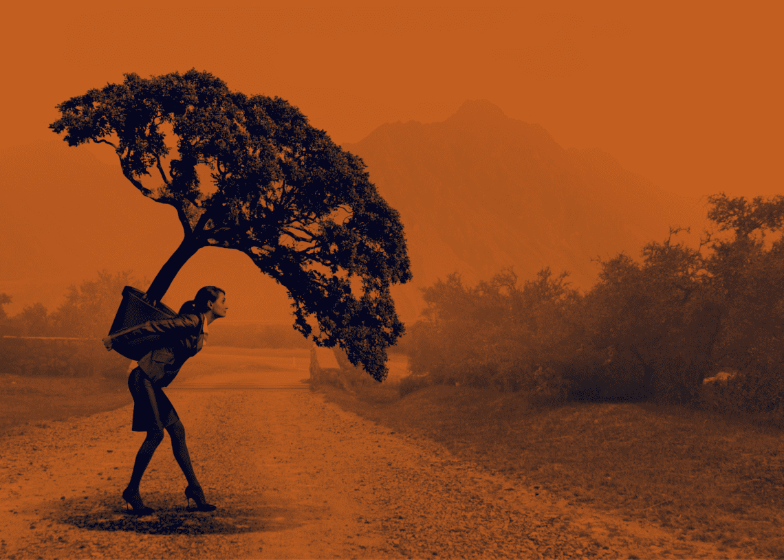 A chief compliance officer carries a large potted tree on her back.