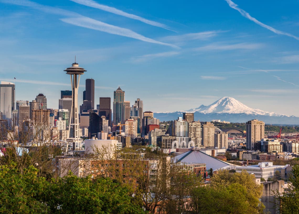 The Seattle skyline with Mount Baker in the background.