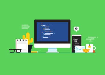 vector illustration of a computer with abstract code on it