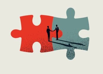 business merger and acquisition vector concept with businessmen shaking hands