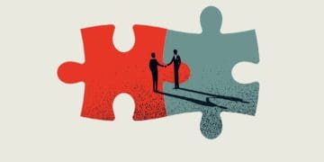 business merger and acquisition vector concept with businessmen shaking hands