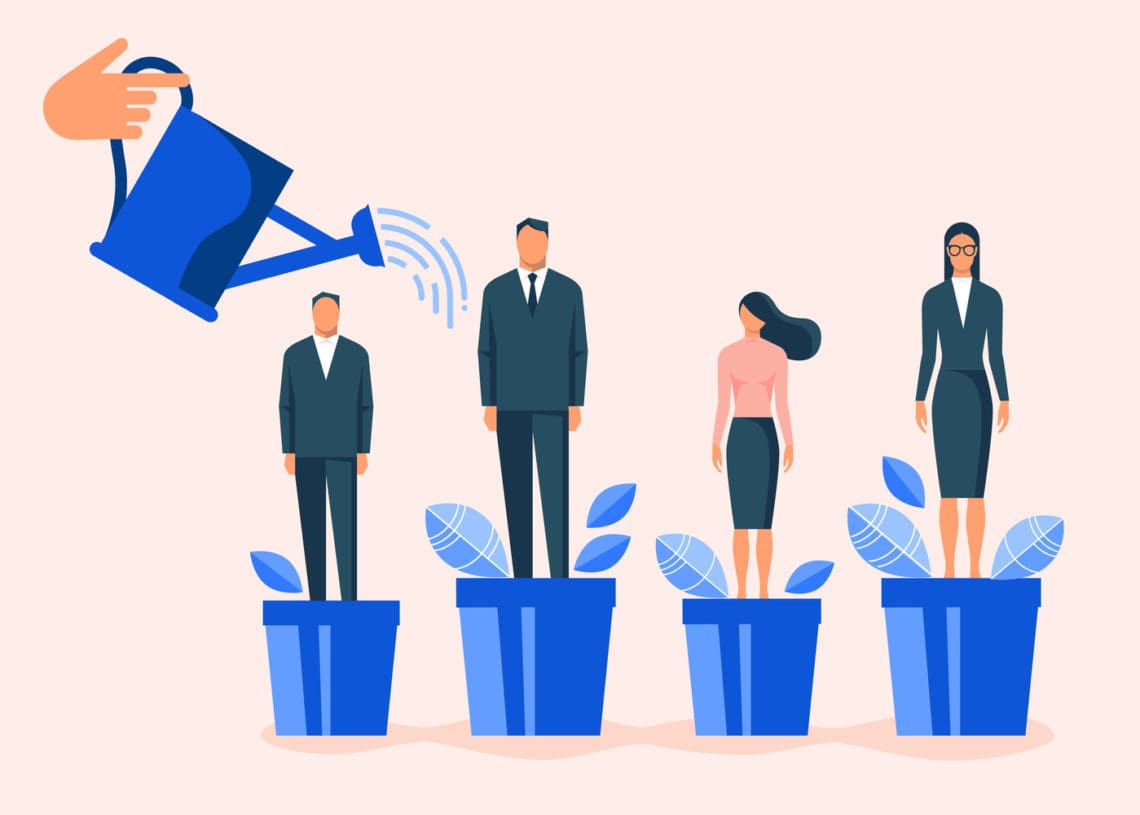 Illustration of professionals standing in pots. A hand is watering one, which is growing taller than the others.