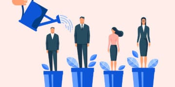 Illustration of professionals standing in pots. A hand is watering one, which is growing taller than the others.