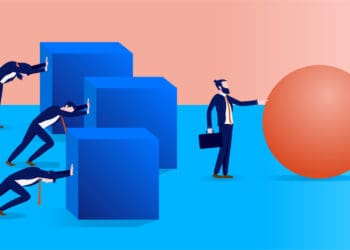 three businessman struggle to push cubes while another pushes a ball forward with ease