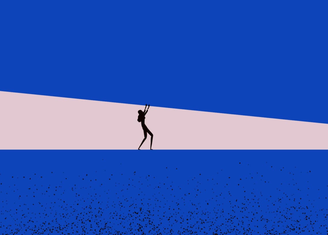 A stick figure holds up a ceiling which appears to be collapsing.