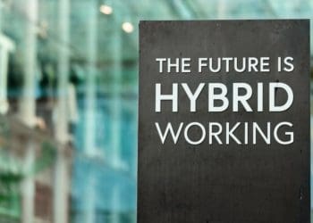"the future is hybrid working" sign