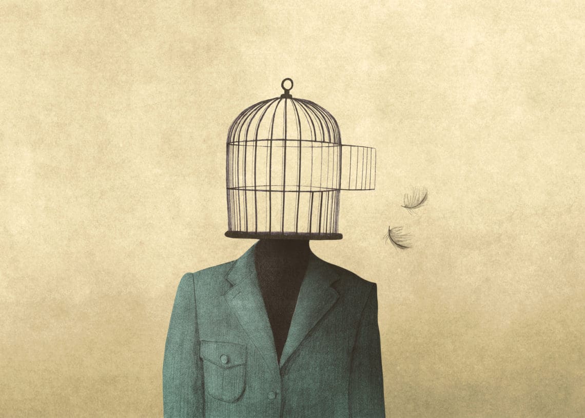 Illustration of a person in a blazer with an opened bird cage for a head